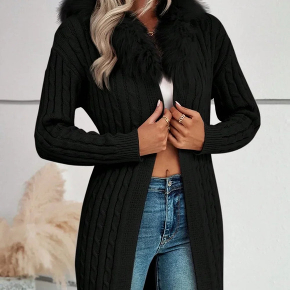 Black Casual Women's Fluffy Knot Detail Long Sleeve Cardigan - Picture 1 of 6